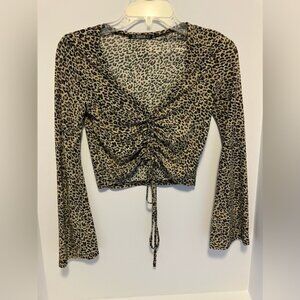 Shein Womens Leopard Print Crop Top, Bell Sleeves, Size XS